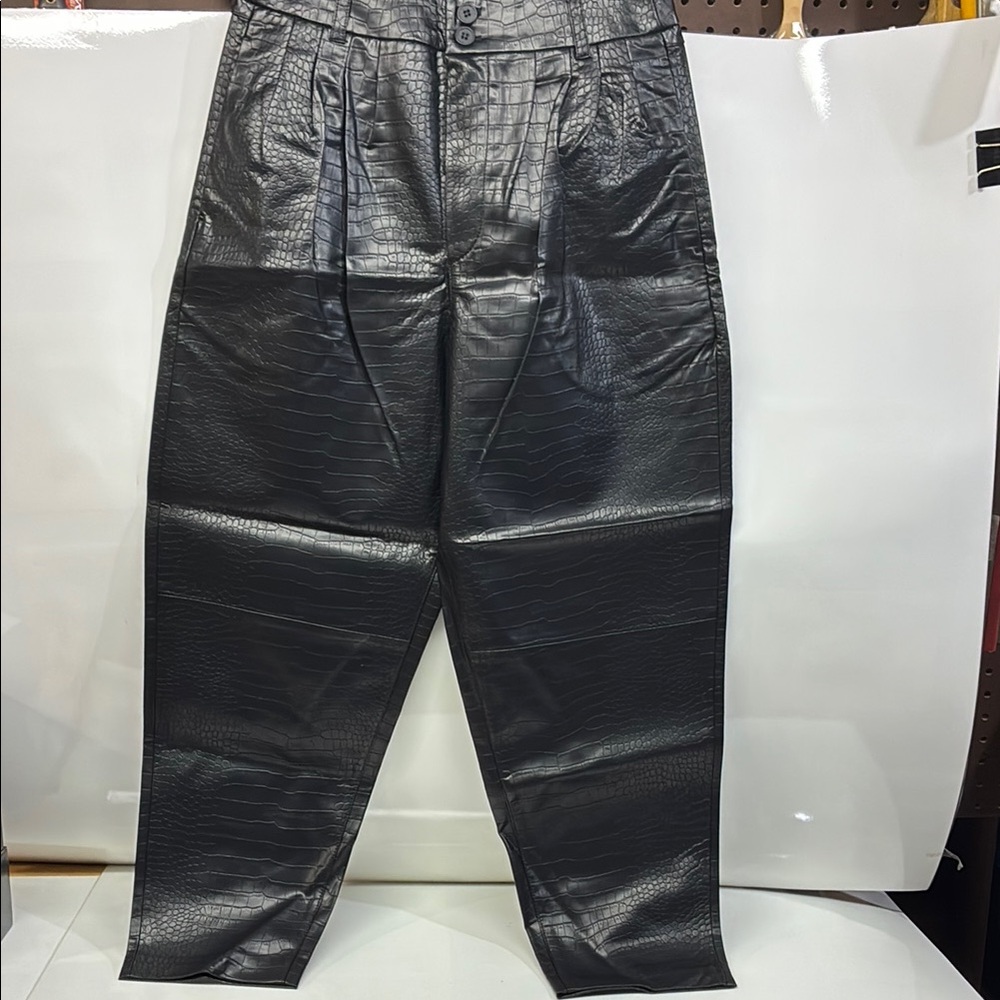 Black Croc-Embossed Leather Pants